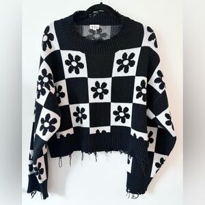 POL Checkered Pullover Sweater | Daisy Floral Knit | Black White Size Large